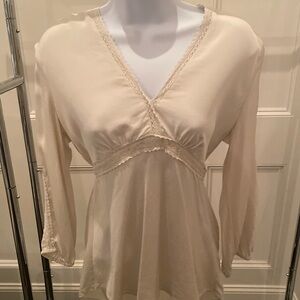Cream V-Neck Blouse with Lace Trim